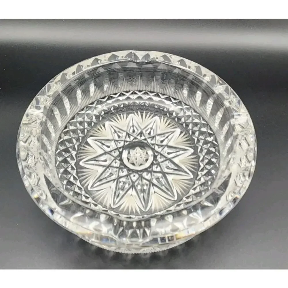 Vintage Cut Crystal Ashtray Starburst Pattern Heavy Clear Glass Trinket Dish